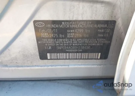 2011 Hyundai Sonata Gls из США, поврежденный, VIN 5NPEB4AC6BH238456